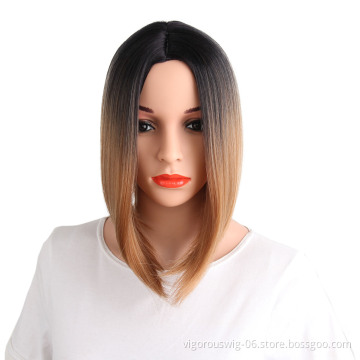 Short straight wavy ombre blonde hair vendor high quality premium wholesale synthetic heat resistant wig lace front black women